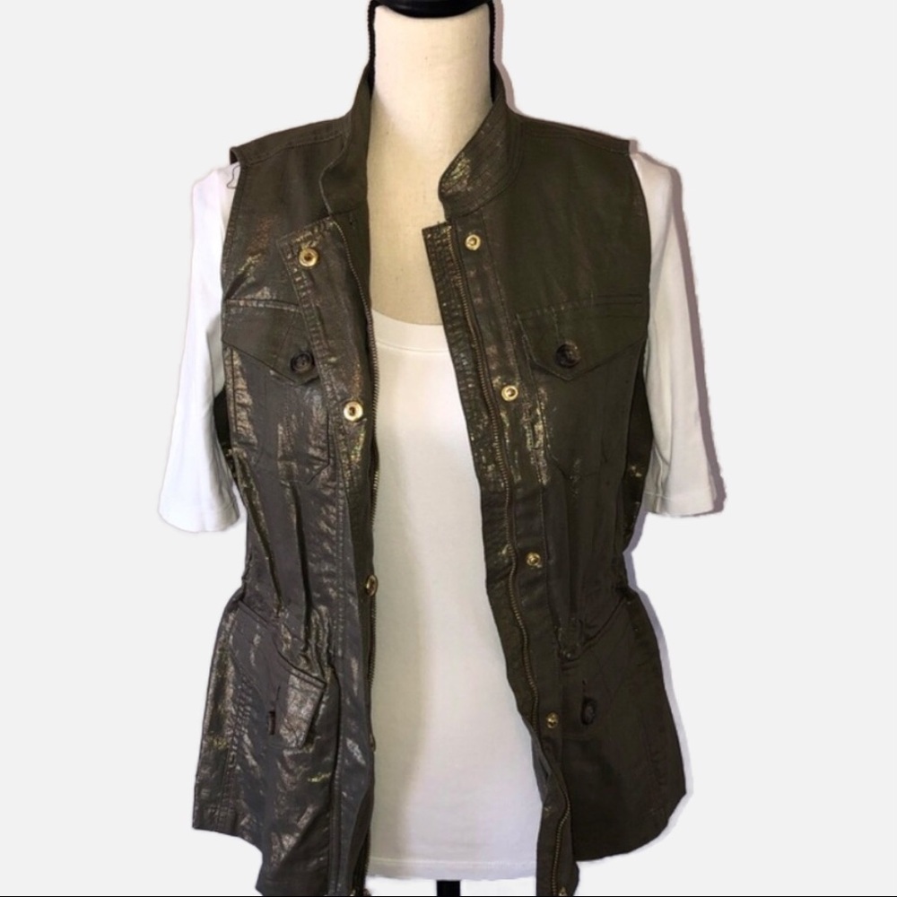 Metallic Foiled Linen Utility Cargo Vest Olive Green Gold Size 0 Small 4